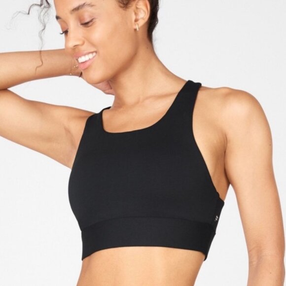 Fabletics Ella High Impact Sports Bra Black Shimmer Faux Leather (M) NWOT! - Picture 2 of 9